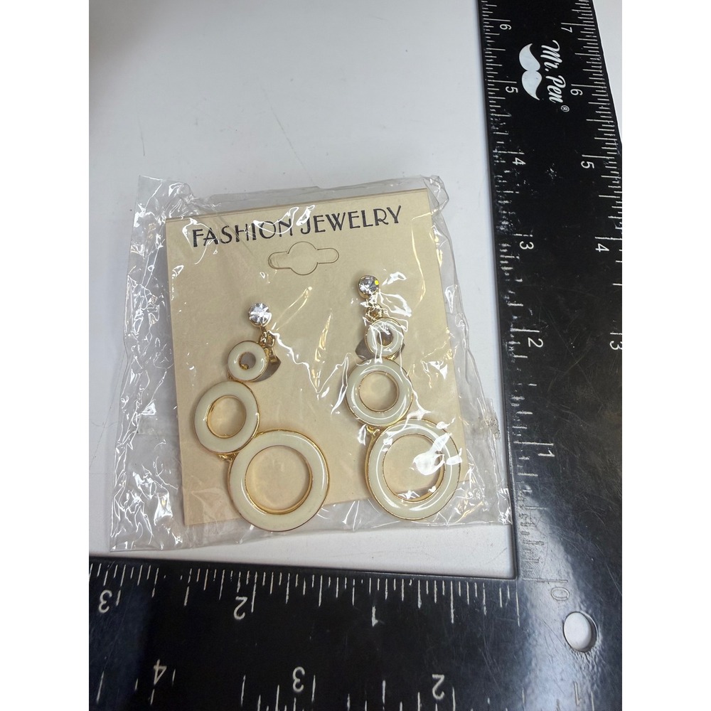 Cream Enamel Triple Circle Drop Clip On Earrings Gold Tone Rhinestone Statement